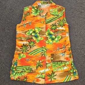 Vtg Hawaii Resort Shops Waikiki Orange Palm Trees Floral Sleeveless Shirt Sz 10